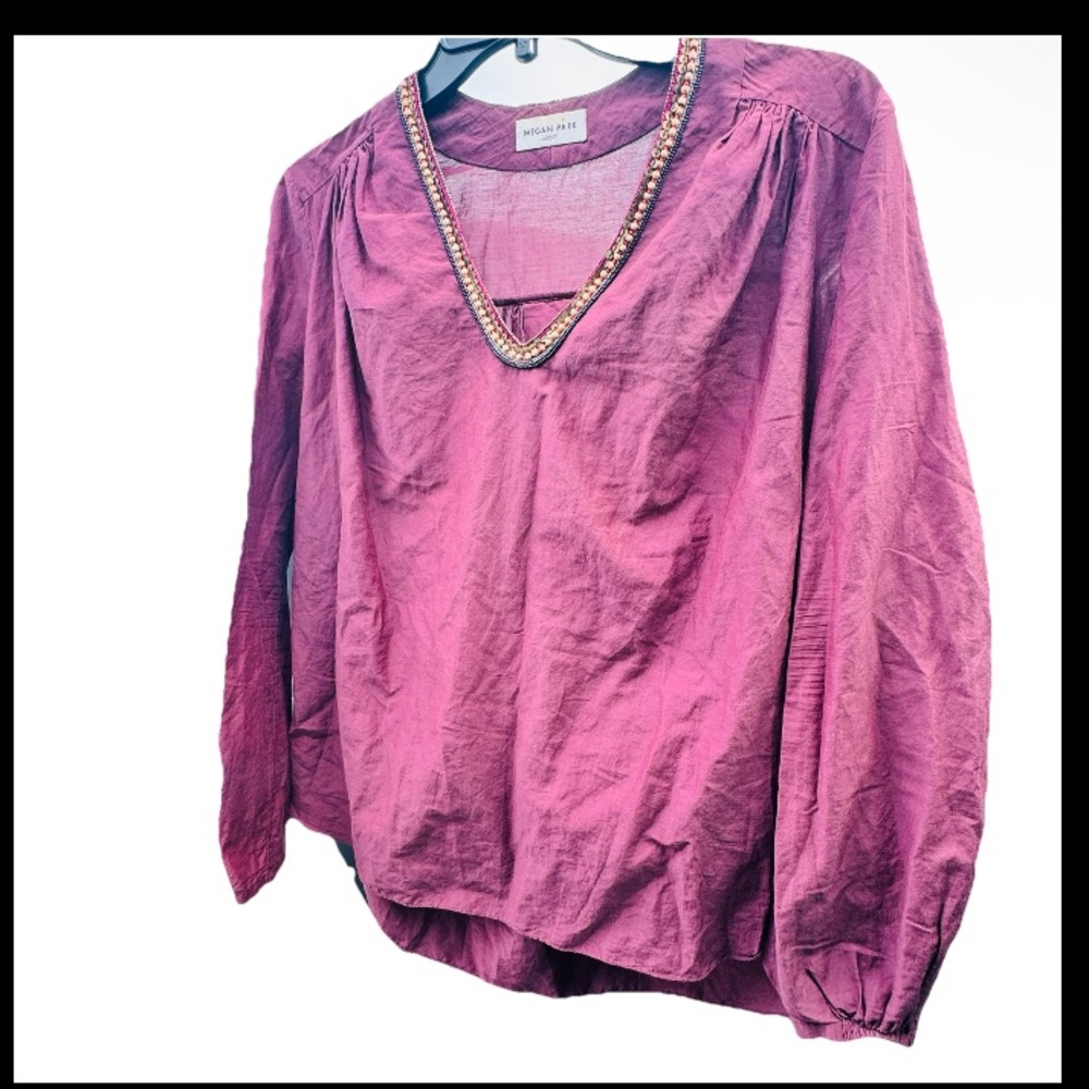Megan Park Beaded Silk Boho Blouse Size0 XS Purple Artisan Embellished Tunic Top